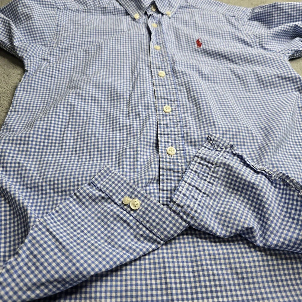 Ralph Lauren Blue Gingham Plaid Long Sleeve Button Down Boys M (10-12) Red Pony